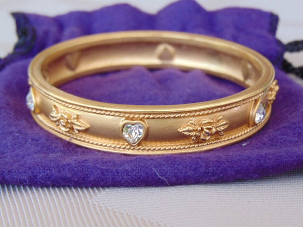 Vintage Liz Taylor Gold Bangle Bracelet: Crystal Heart & Rose Design