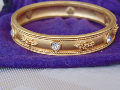 Vintage Liz Taylor Gold Bangle Bracelet: Crystal Heart & Rose Design