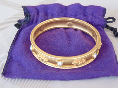 Vintage Liz Taylor Gold Bangle Bracelet: Crystal Heart & Rose Design