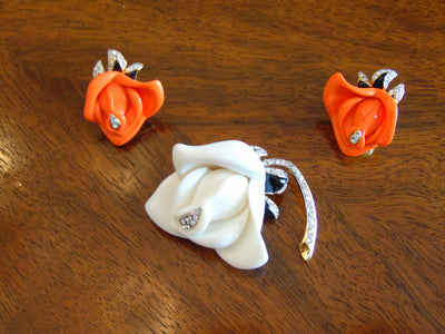 Vintage KJL Flower Brooch and Clip Earring Set: Peach & White Floral Jewelry