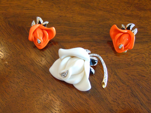 Vintage KJL Flower Brooch and Clip Earring Set: Peach & White Floral Jewelry
