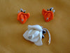 Vintage KJL Flower Brooch and Clip Earring Set: Peach & White Floral Jewelry