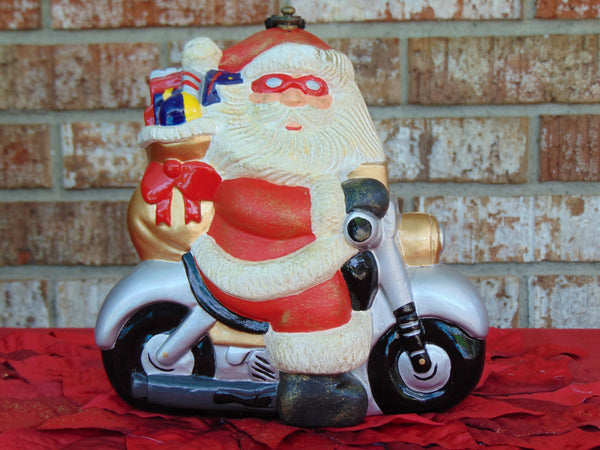 Vintage Timmy Woods Santa Motorcycle Purse: Handmade Acacia Wood Christmas Bag