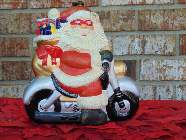 Vintage Timmy Woods Santa Motorcycle Purse: Handmade Acacia Wood Christmas Bag