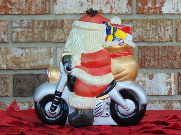 Vintage Timmy Woods Santa Motorcycle Purse: Handmade Acacia Wood Christmas Bag