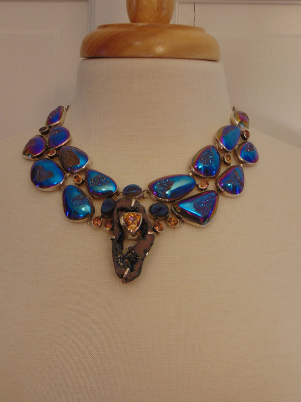 925 Silver Druzy Citrine Statement Necklace: Southwest Style