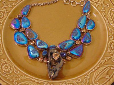 925 Silver Druzy Citrine Statement Necklace: Southwest Style