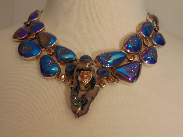 925 Silver Druzy Citrine Statement Necklace: Southwest Style