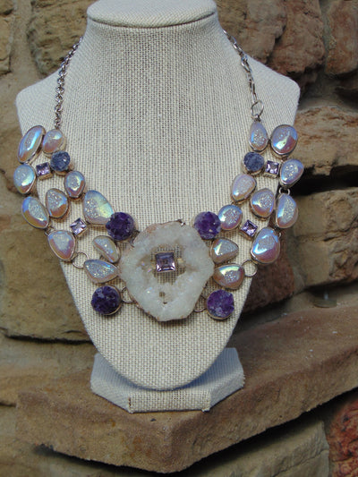 925 Silver Amethyst Druzy Statement Necklace: Western Rodeo Jewelry