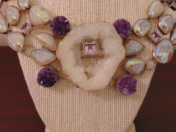 925 Silver Amethyst Druzy Statement Necklace: Western Rodeo Jewelry