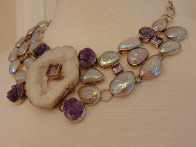 925 Silver Amethyst Druzy Statement Necklace: Western Rodeo Jewelry