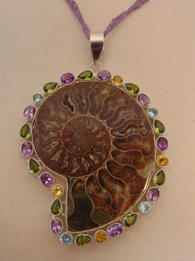 925 Silver Ammonite Fossil Necklace: Amethyst Gemstone Chain