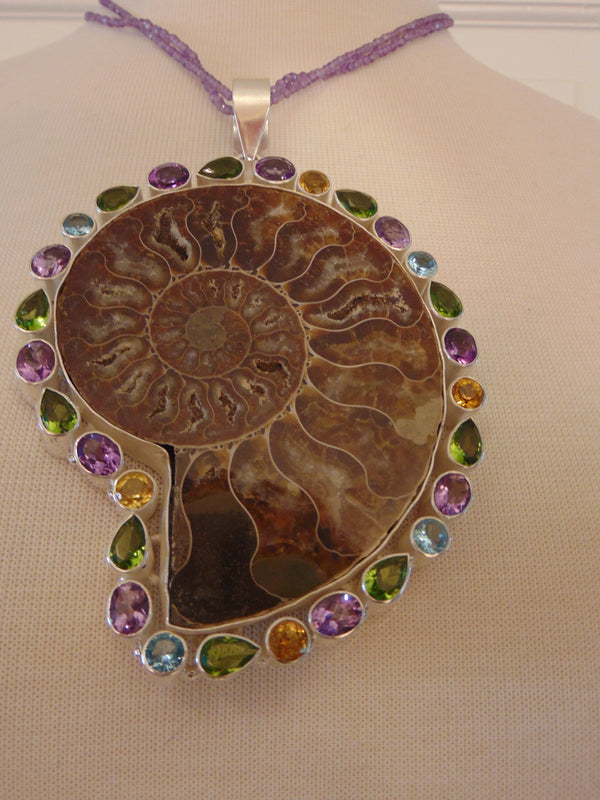 925 Silver Ammonite Fossil Necklace: Amethyst Gemstone Chain