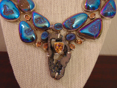 925 Silver Druzy Citrine Statement Necklace: Southwest Style