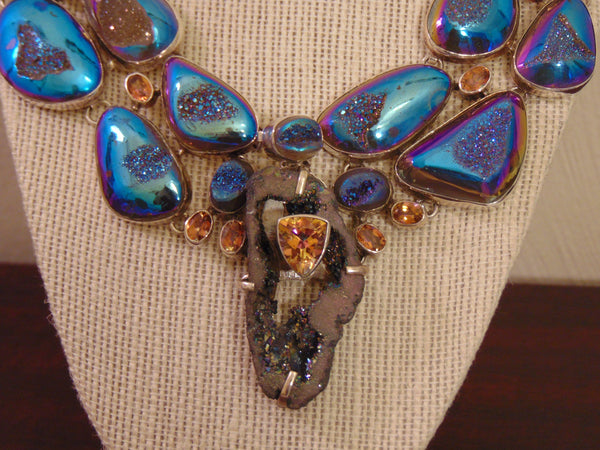 925 Silver Druzy Citrine Statement Necklace: Southwest Style