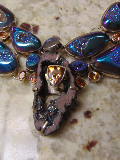 925 Silver Druzy Citrine Statement Necklace: Southwest Style