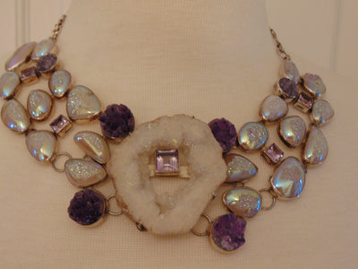 925 Silver Amethyst Druzy Statement Necklace: Western Rodeo Jewelry