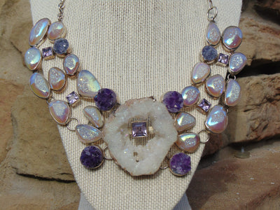 925 Silver Amethyst Druzy Statement Necklace: Western Rodeo Jewelry