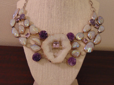 925 Silver Amethyst Druzy Statement Necklace: Western Rodeo Jewelry