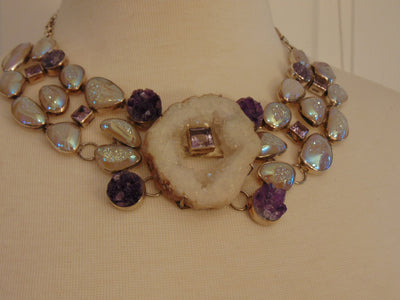 925 Silver Amethyst Druzy Statement Necklace: Western Rodeo Jewelry