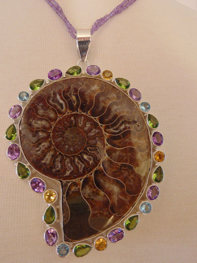 925 Silver Ammonite Fossil Necklace: Amethyst Gemstone Chain