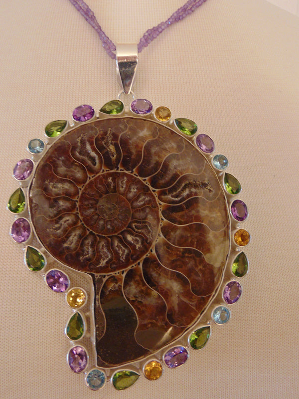 925 Silver Ammonite Fossil Necklace: Amethyst Gemstone Chain