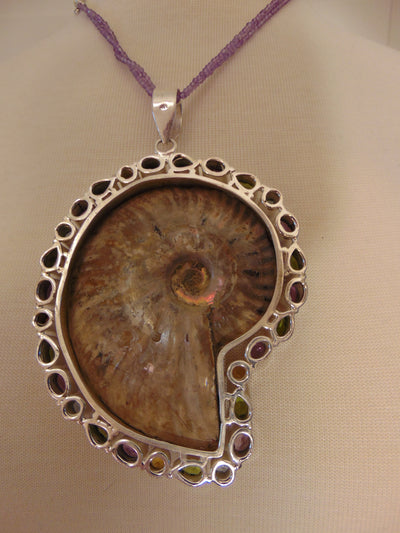 925 Silver Ammonite Fossil Necklace: Amethyst Gemstone Chain