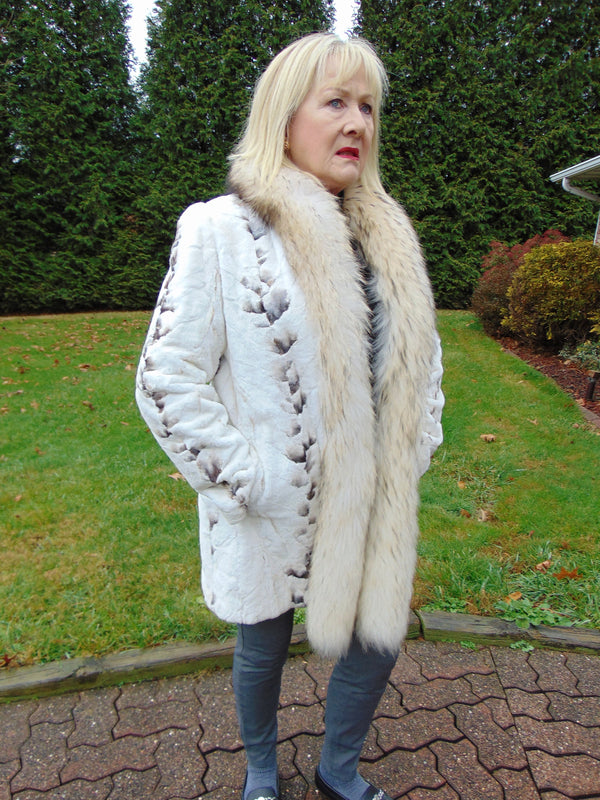 Reversible Bleached Shear Mink Fur Stroller with Fox Tux Trim