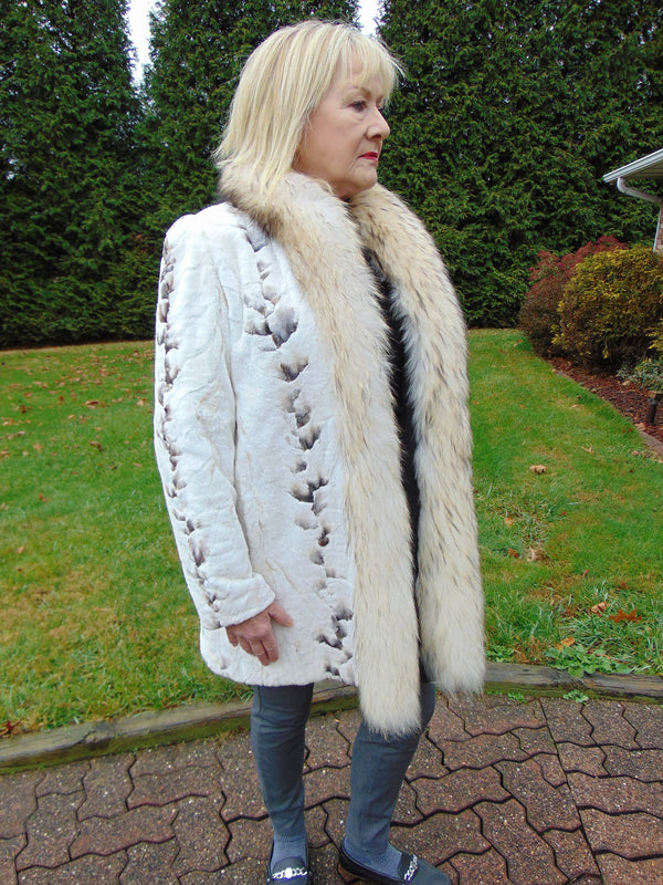 Reversible Bleached Shear Mink Fur Stroller with Fox Tux Trim