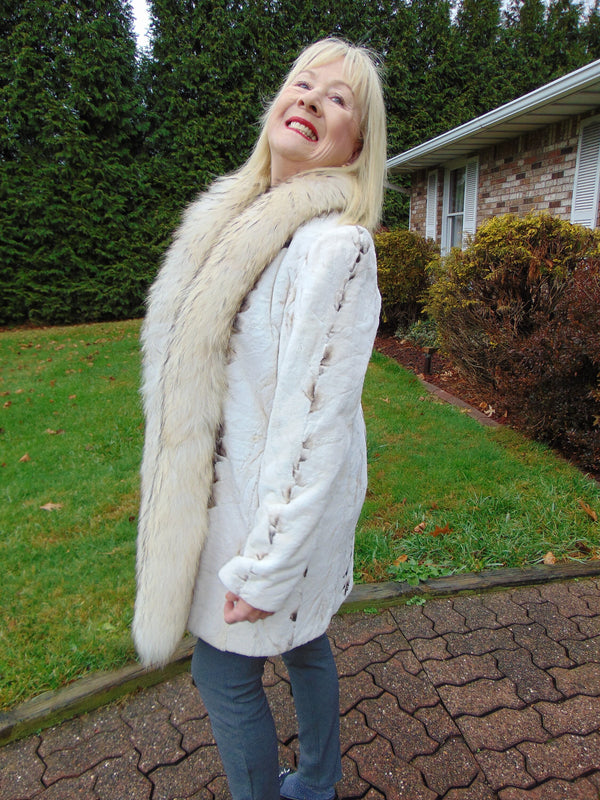 Reversible Bleached Shear Mink Fur Stroller with Fox Tux Trim