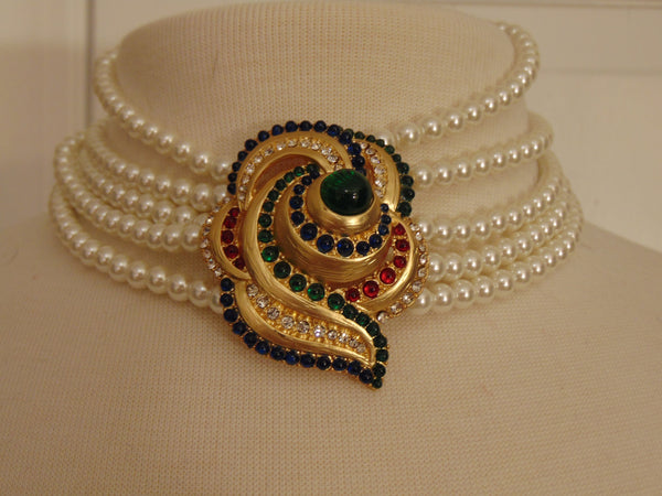 Vintage Pearl Choker: Rhinestone Cabochon Gold Tone Statement Necklace