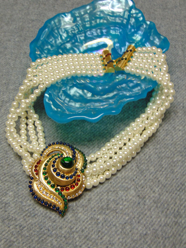 Vintage Pearl Choker: Rhinestone Cabochon Gold Tone Statement Necklace