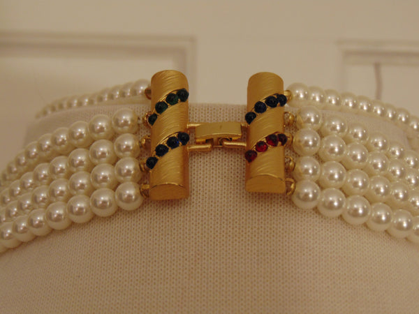 Vintage Pearl Choker: Rhinestone Cabochon Gold Tone Statement Necklace