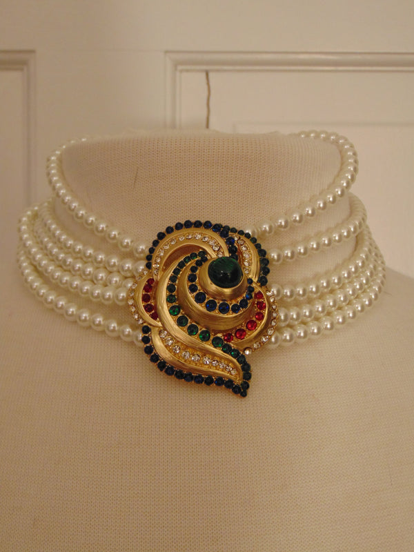 Vintage Pearl Choker: Rhinestone Cabochon Gold Tone Statement Necklace