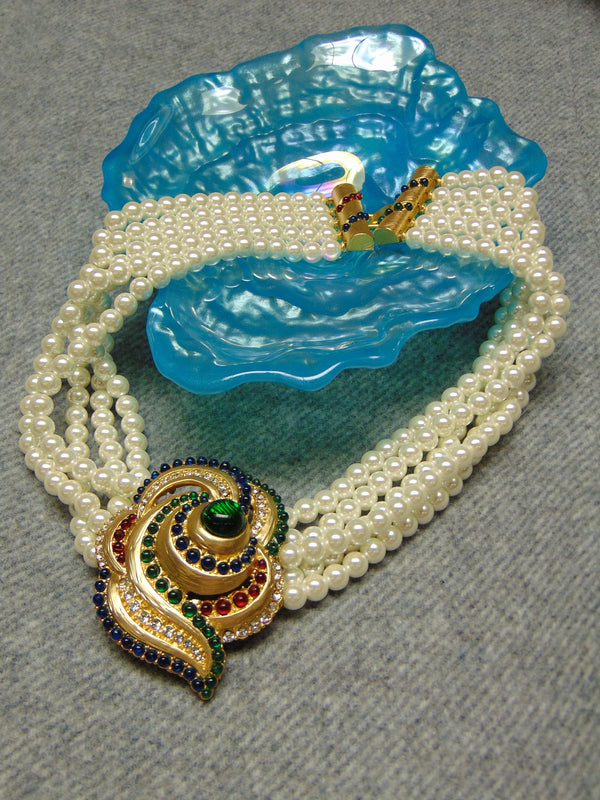 Vintage Pearl Choker: Rhinestone Cabochon Gold Tone Statement Necklace