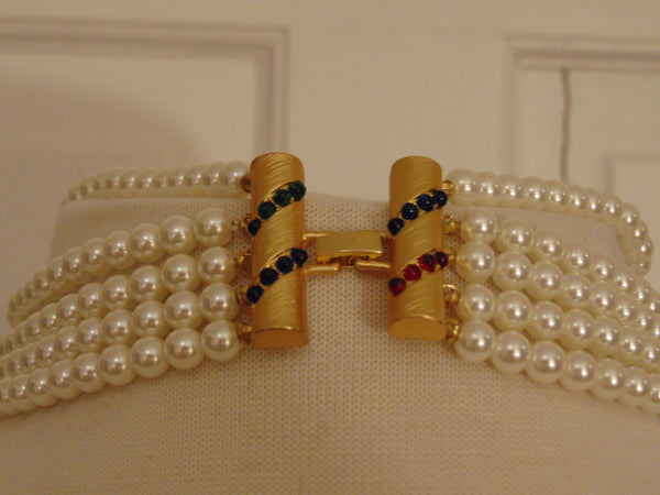Vintage Pearl Choker: Rhinestone Cabochon Gold Tone Statement Necklace