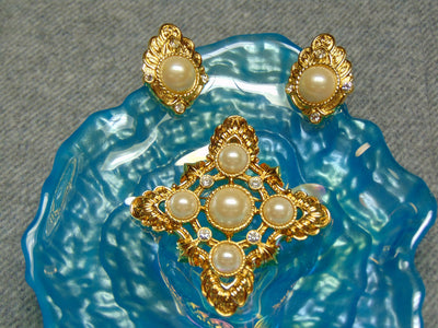 Vintage KJL Pearl Rhinestone Clip Earrings and Pendant Set
