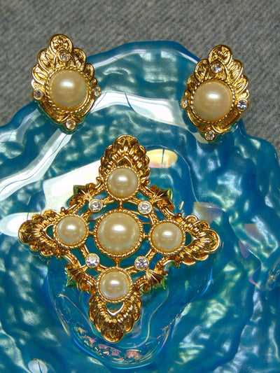 Vintage KJL Pearl Rhinestone Clip Earrings and Pendant Set