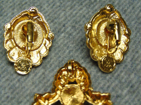 Vintage KJL Pearl Rhinestone Clip Earrings and Pendant Set