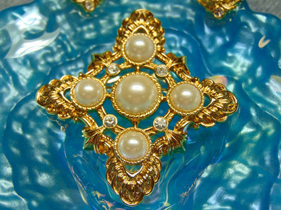 Vintage KJL Pearl Rhinestone Clip Earrings and Pendant Set