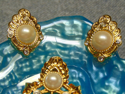 Vintage KJL Pearl Rhinestone Clip Earrings and Pendant Set