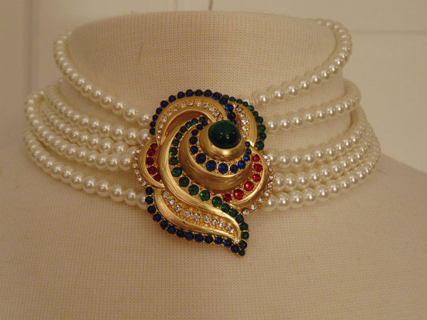 Vintage Pearl Choker: Rhinestone Cabochon Gold Tone Statement Necklace