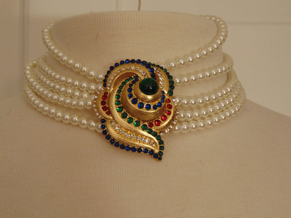 Vintage Pearl Choker: Rhinestone Cabochon Gold Tone Statement Necklace