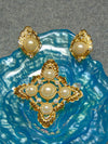 Vintage KJL Pearl Rhinestone Clip Earrings and Pendant Set