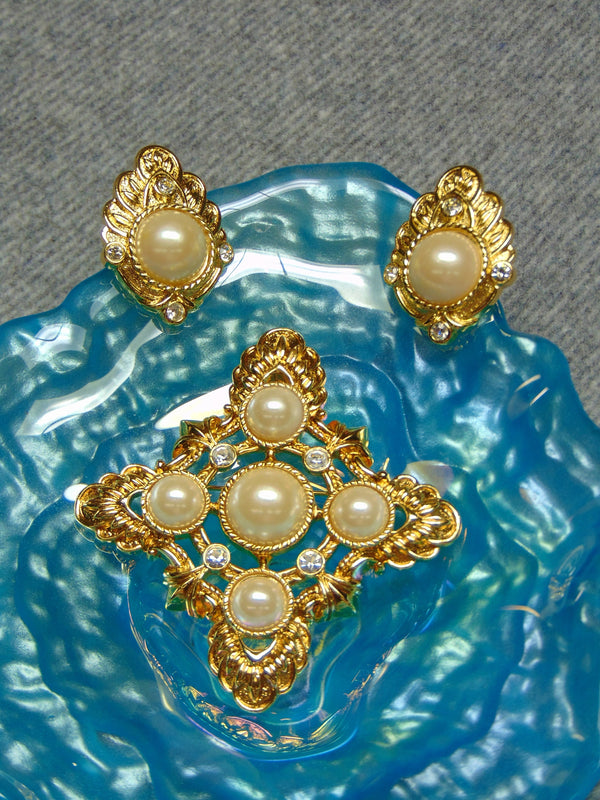Vintage KJL Pearl Rhinestone Clip Earrings and Pendant Set