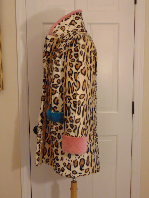 Vintage Animal Print Lamb Fur Coat: Mink Trim, Size Small