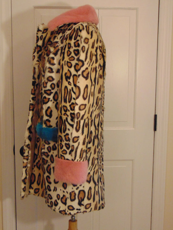 Vintage Animal Print Lamb Fur Coat: Mink Trim, Size Small