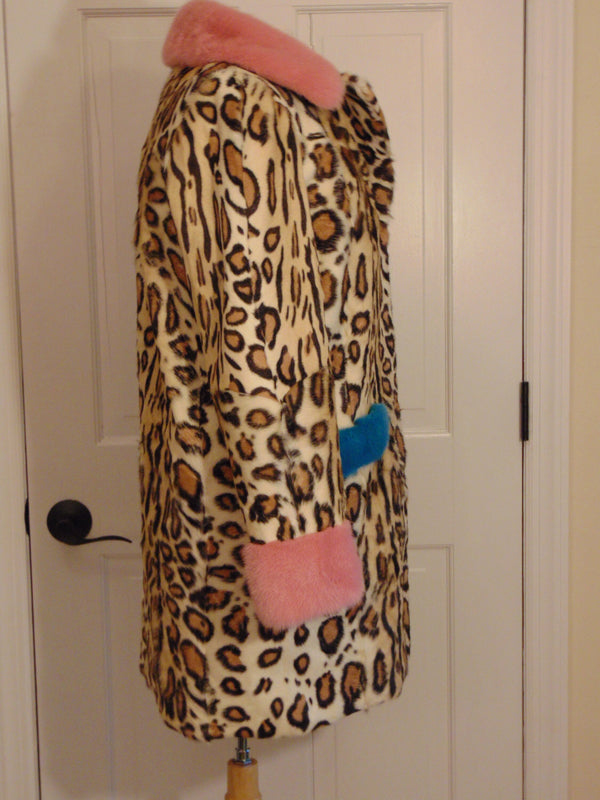 Vintage Animal Print Lamb Fur Coat: Mink Trim, Size Small