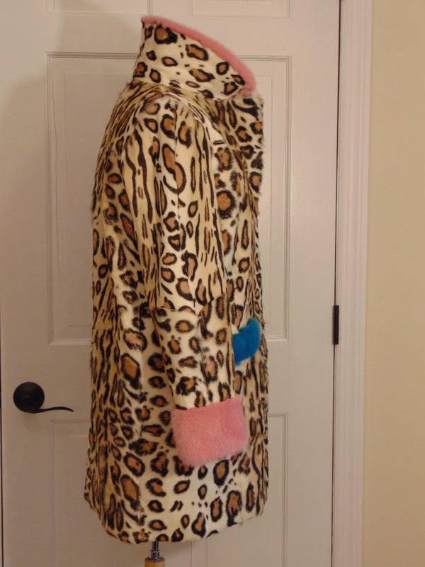 Vintage Animal Print Lamb Fur Coat: Mink Trim, Size Small