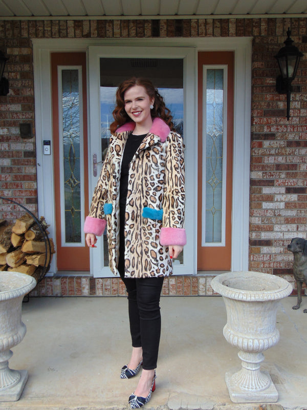 Vintage Animal Print Lamb Fur Coat: Mink Trim, Size Small